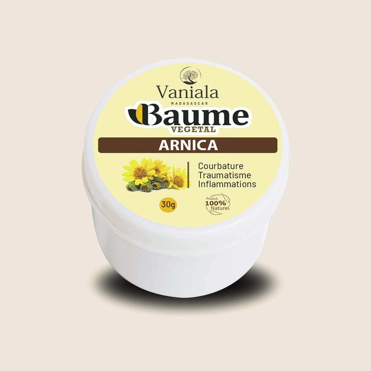 Arnica Balm from Madagascar | Vaniala – jar of plant balm on beige background
