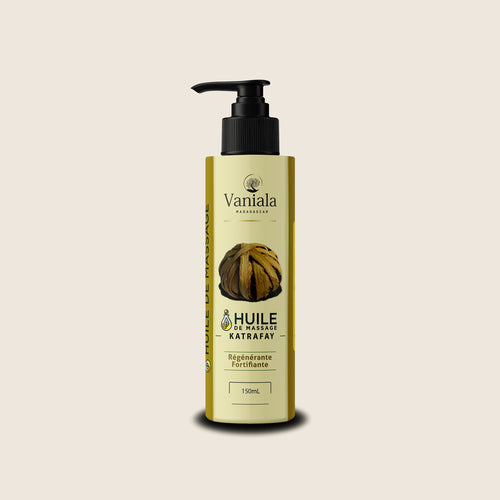 Décontract Katrafay from Madagascar | Vaniala – bottle of massage oil on beige background