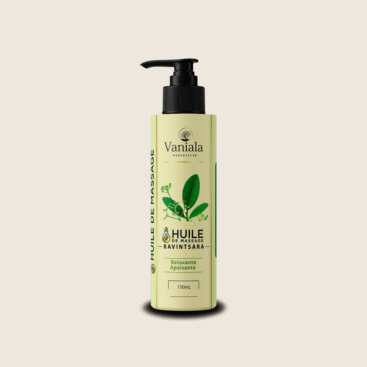 Relaxation Ravintsara from Madagascar | Vaniala – bottle of massage oil on beige background