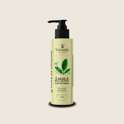 Relaxation Ravintsara from Madagascar | Vaniala – bottle of massage oil on beige background