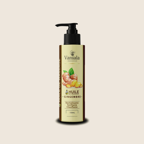 Tonic Ginger Aromatic from Madagascar | Vaniala – bottle of massage oil on beige background