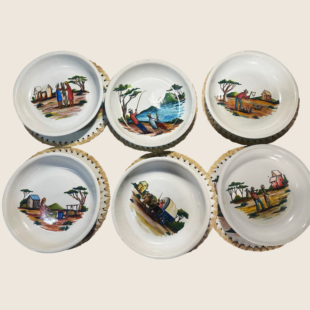 Enamel Soup Plates from Madagascar | Art'Jo Deco – set of six painted enamel soup plates with Malagasy scenes