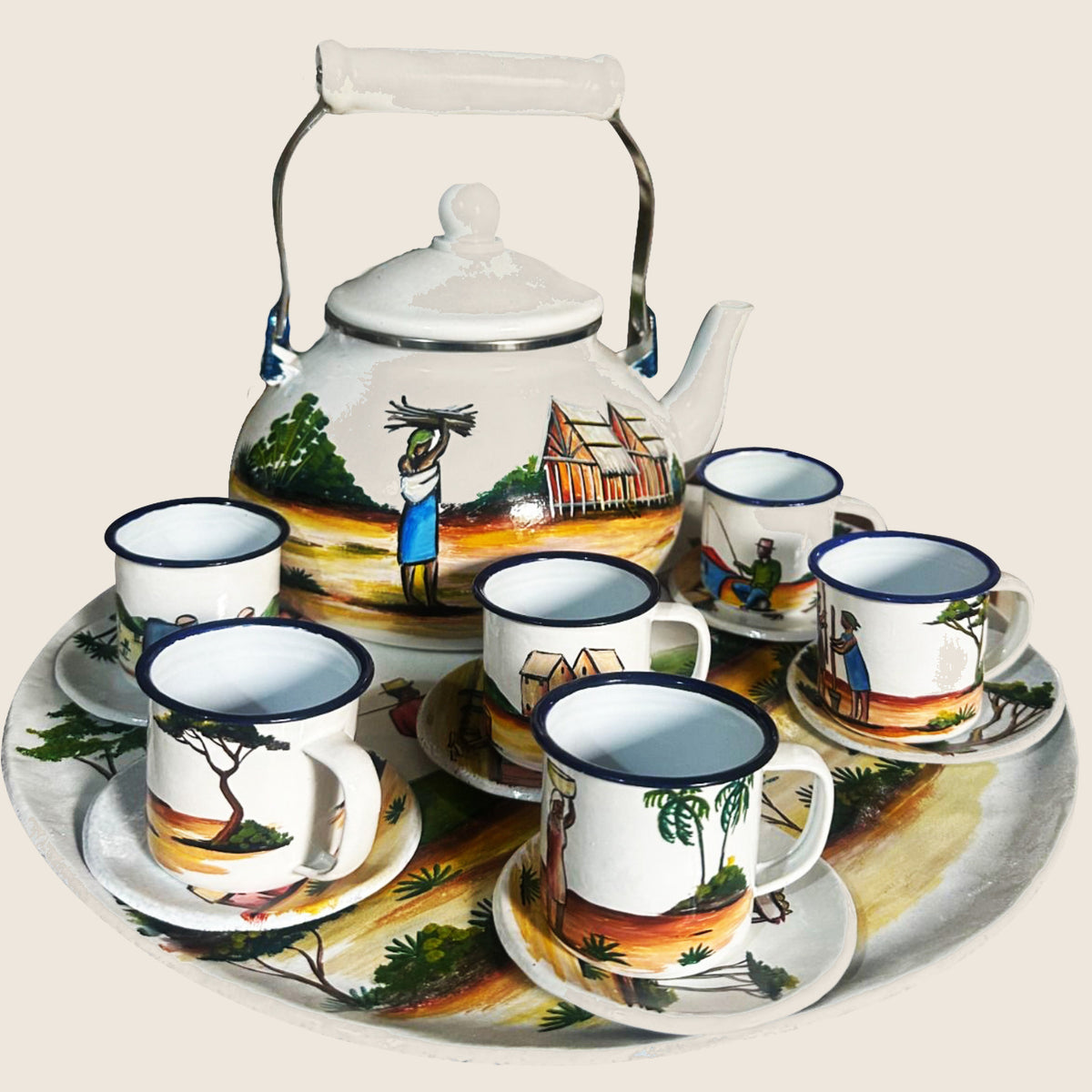 Enamel Tea Set from Madagascar | Art'Jo Deco – painted enamel teapot with cups and saucers on a tray