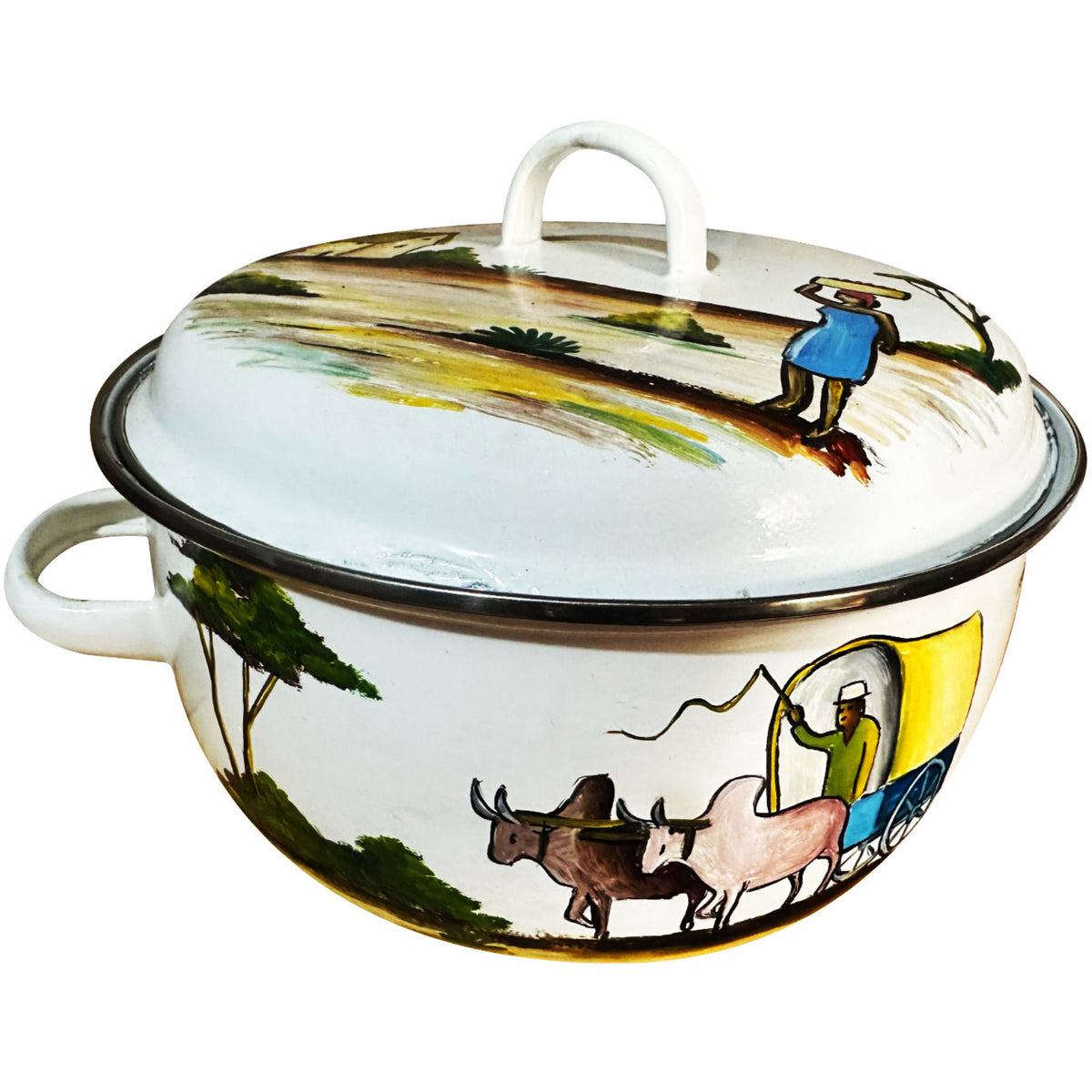 Enamel Tureen Set from Madagascar | Art'Jo Deco – hand-painted enamel tureen with lid and zebu scene