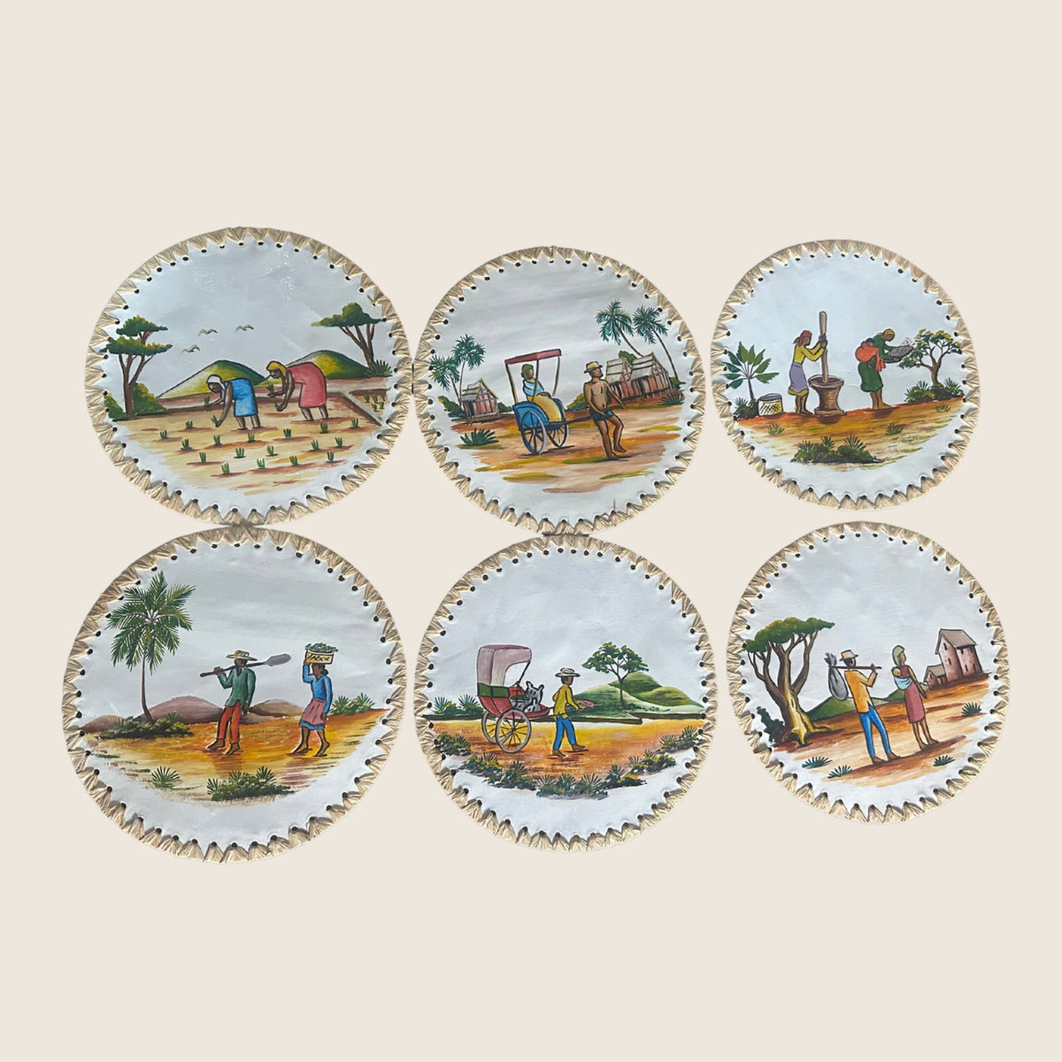 Enamel Under Plates from Madagascar | Art'Jo Deco – six under plates laid out with village scenes
