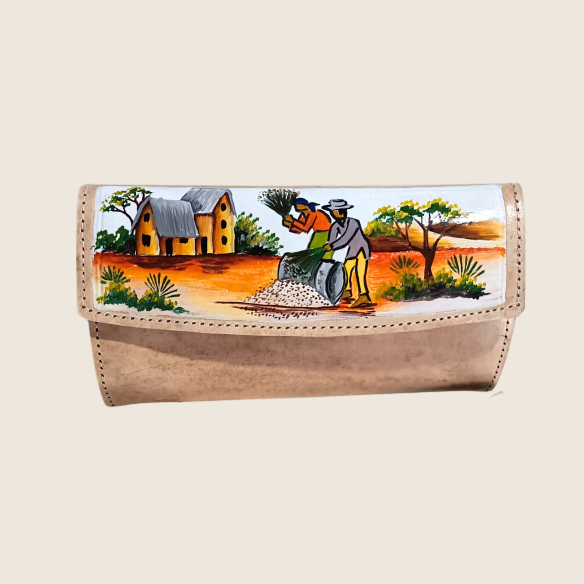 Ladies' Painted Wallet from Madagascar | Art'Jo Deco – leather clutch wallet with a hand-painted village scene