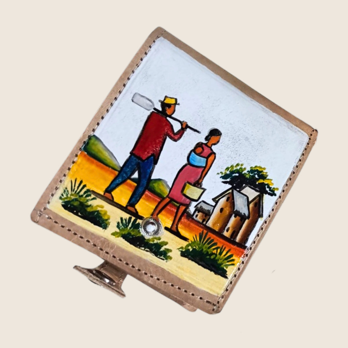 Men's Painted Wallet from Madagascar | Art'Jo Deco – the wallet seen from another angle showing the stitching