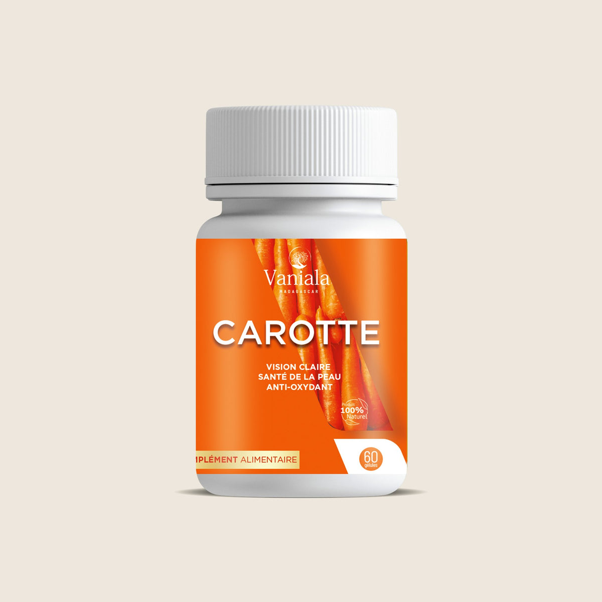 Carrot Capsules from Madagascar | Vaniala – bottle of capsules on beige background
