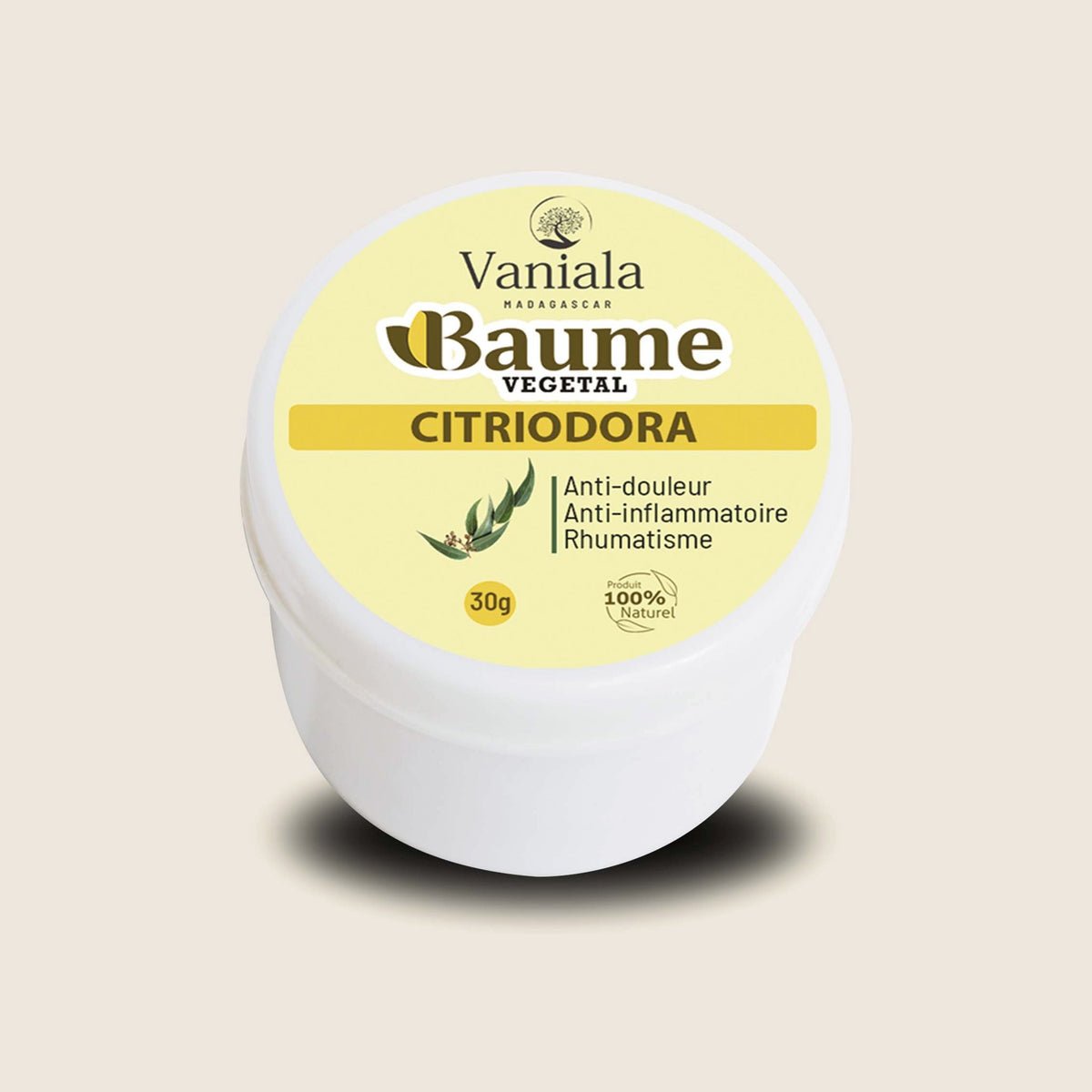 Citriodora Balm from Madagascar | Vaniala – jar of plant balm on beige background