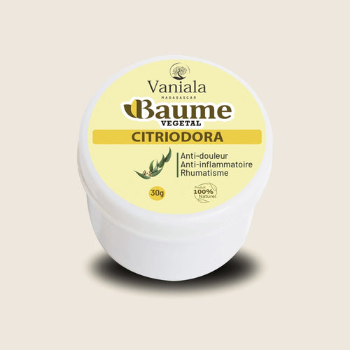 Citriodora Balm from Madagascar | Vaniala – jar of plant balm on beige background