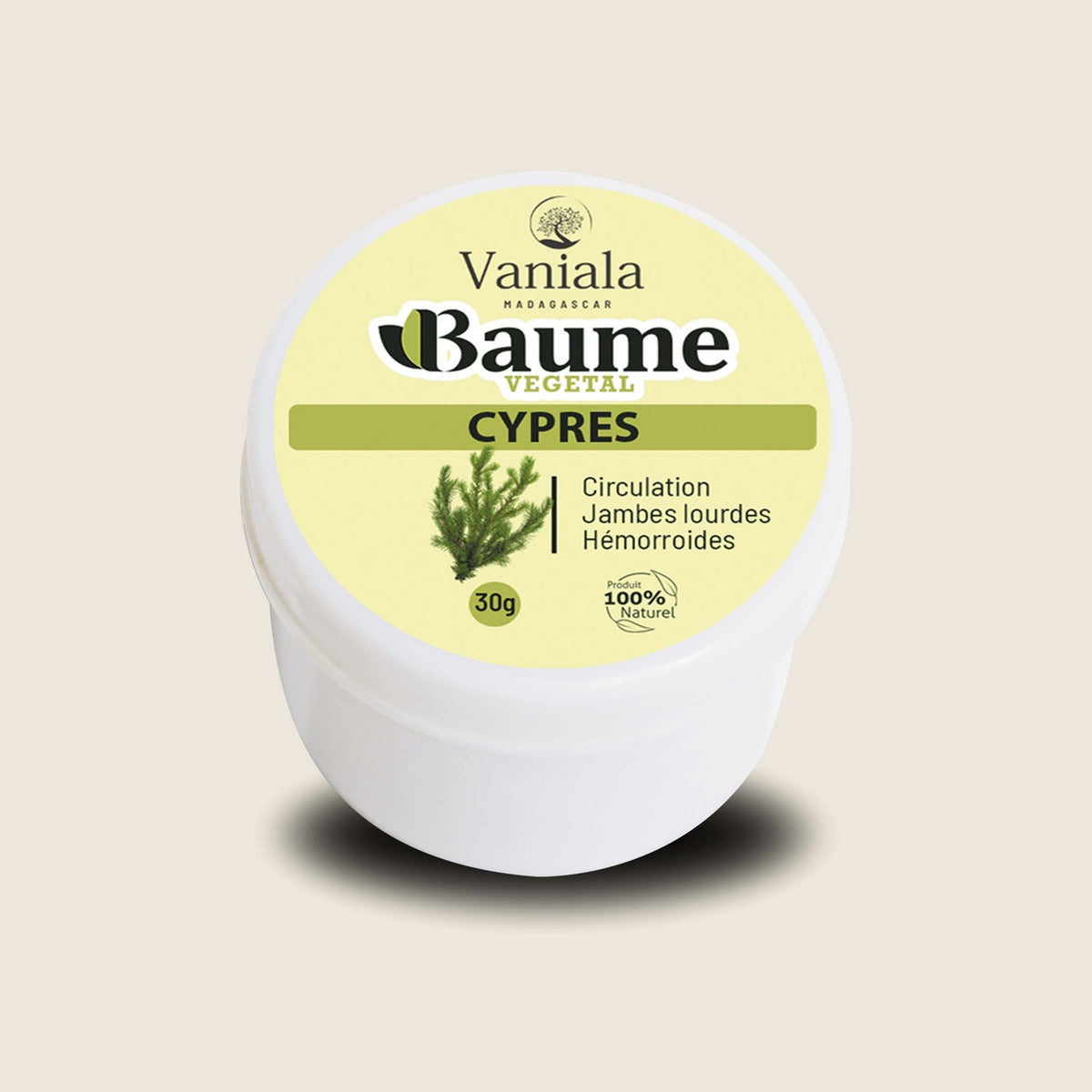 Cypress Balm from Madagascar | Vaniala – jar of plant balm on beige background