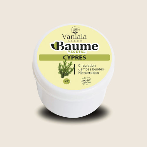 Cypress Balm from Madagascar | Vaniala – jar of plant balm on beige background