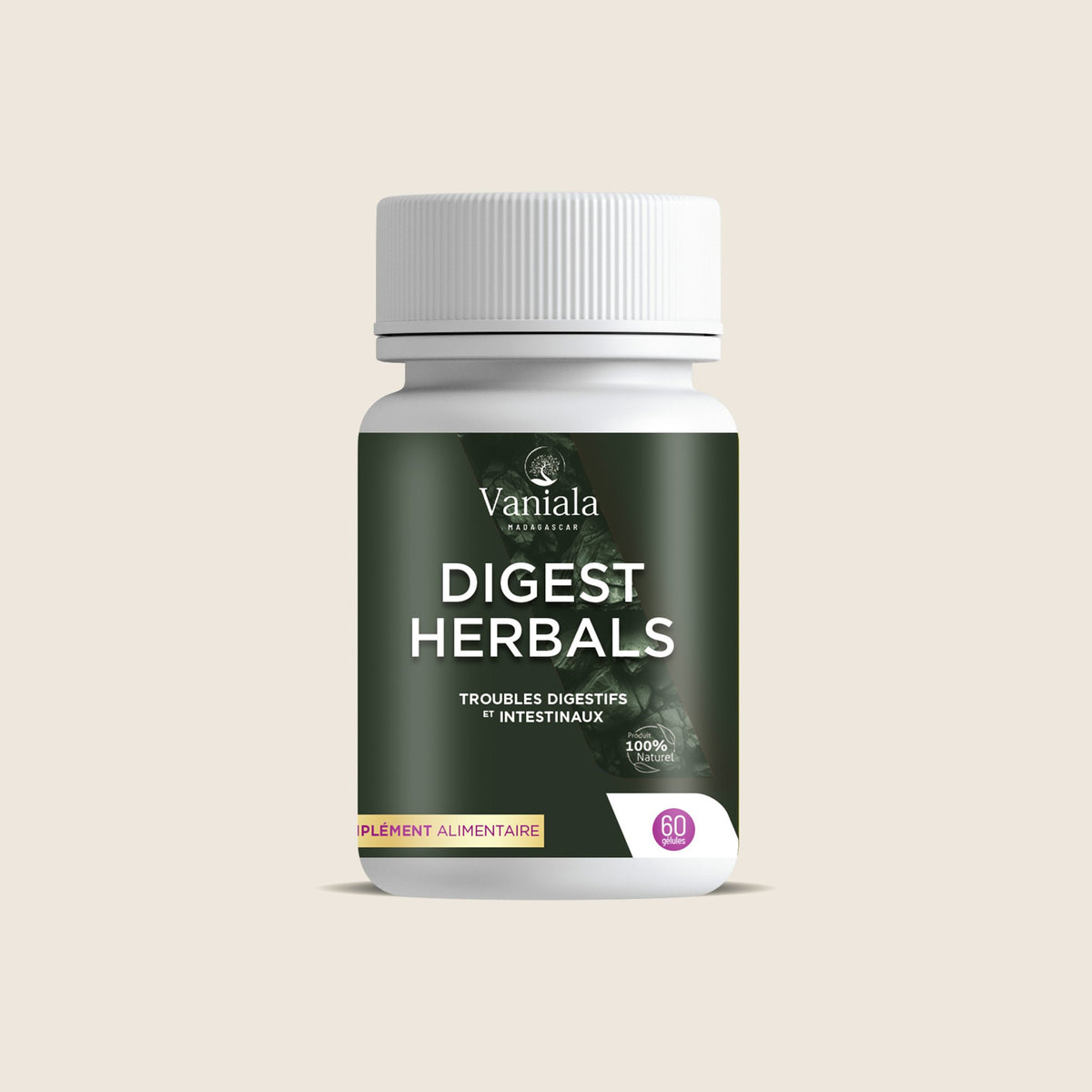 Digest Herbals Capsules from Madagascar | Vaniala – bottle of capsules on beige background
