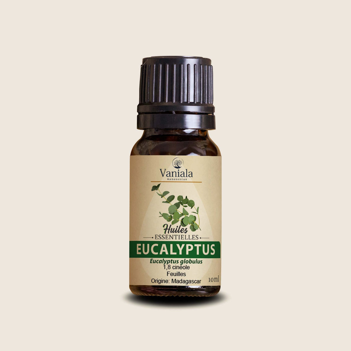 Eucalyptus Essential Oil from Madagascar | Vaniala – essential oil bottle on beige background
