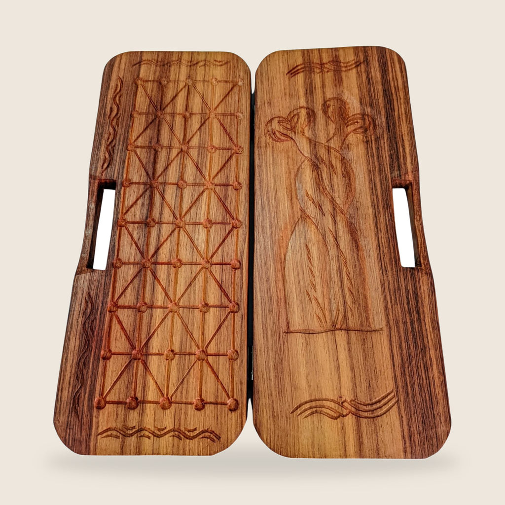 Fanorona Traditional Malagasy Game | Gasy Karts – open Fanorona board in pine and stained rosewood