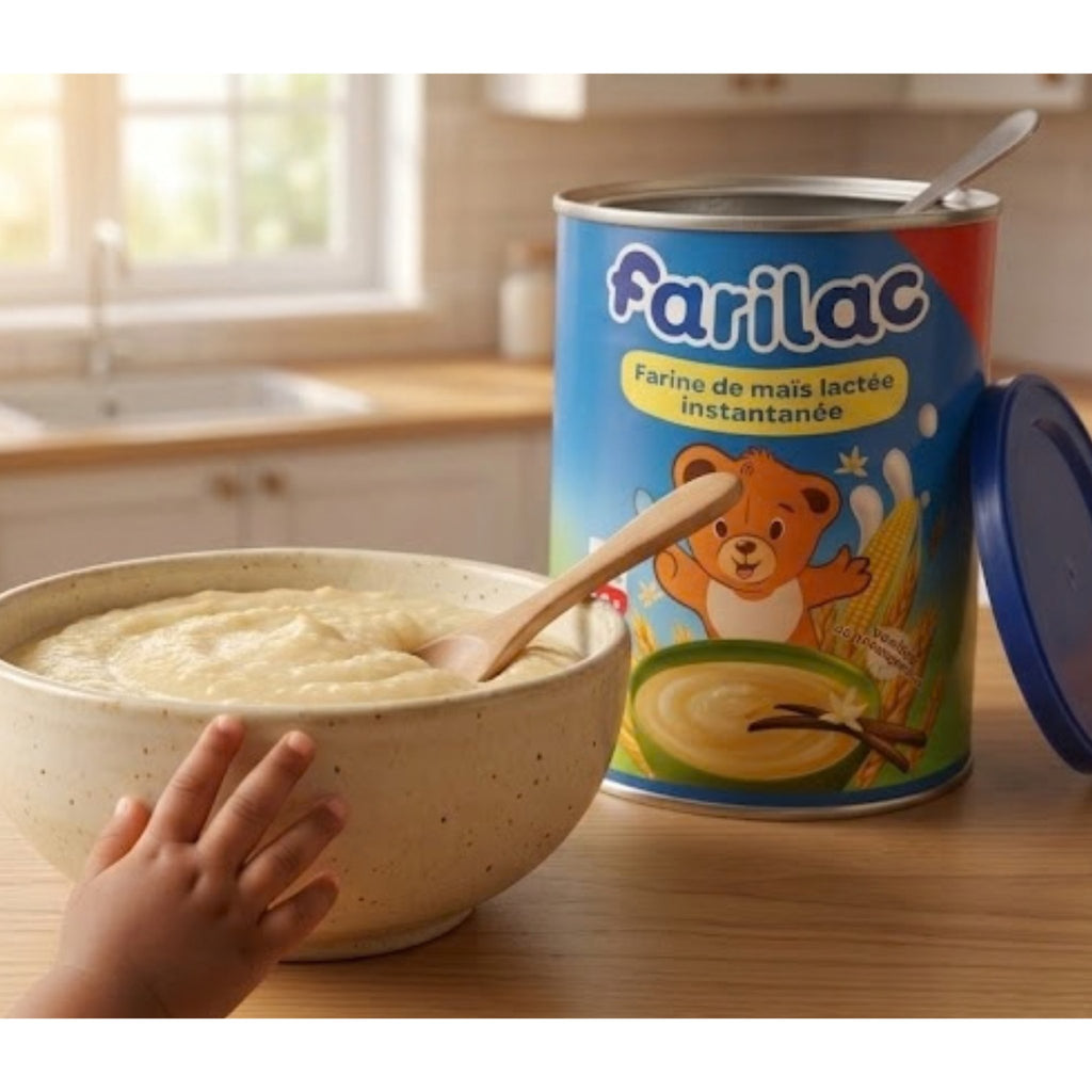 Vanilla Baby Cereal from Madagascar | Farilac – bowl of creamy baby cereal with a child's hand next to the can
