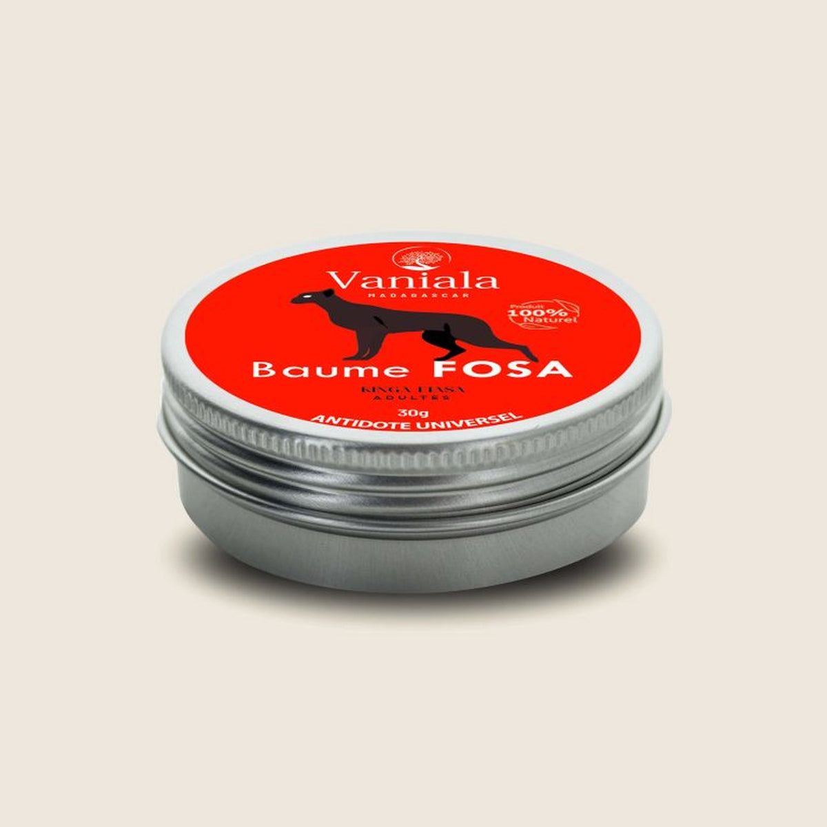 Fosa GM Balm Tin from Madagascar | Vaniala – aluminum tin of plant balm on beige background