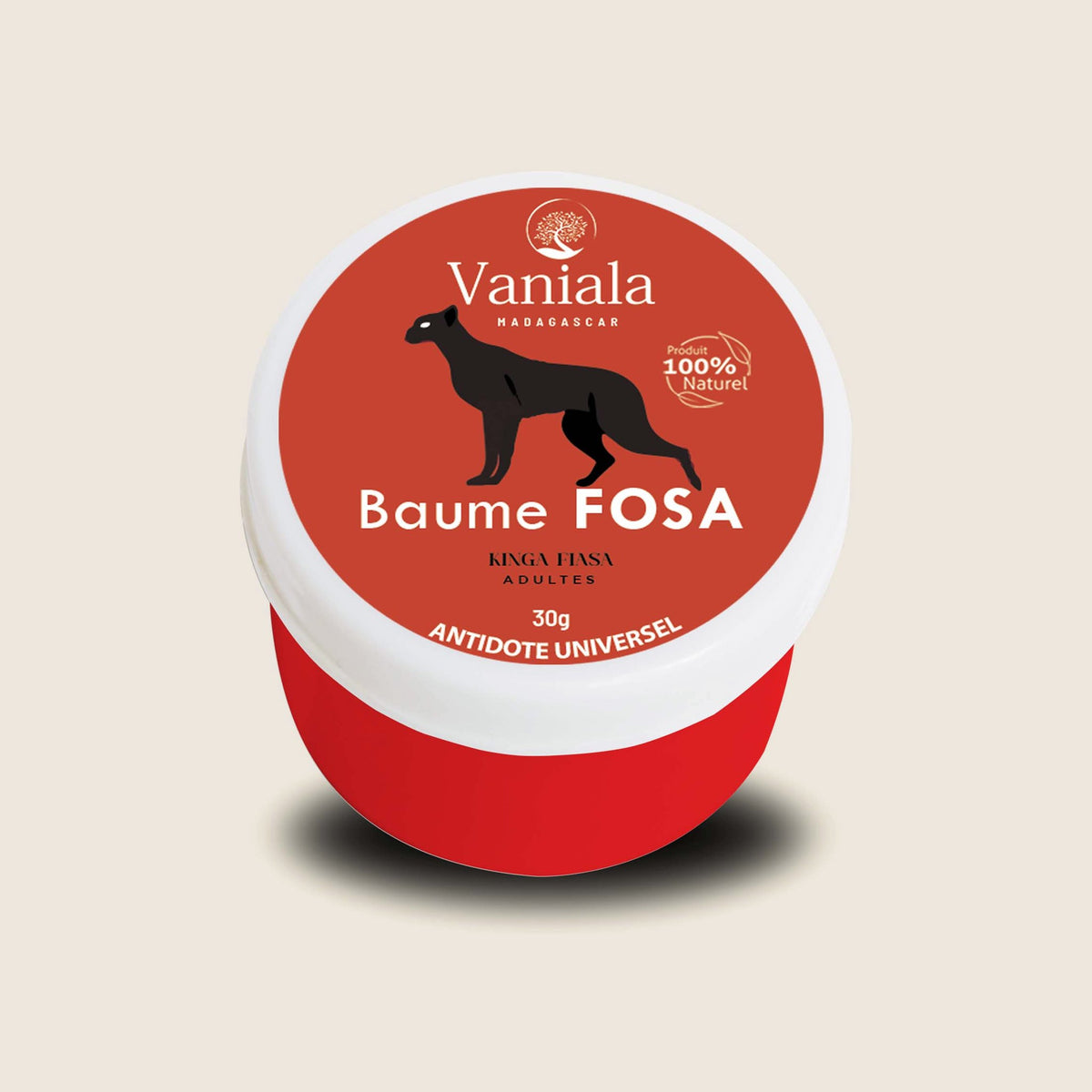 Fosa GM Balm from Madagascar | Vaniala – jar of plant balm on beige background