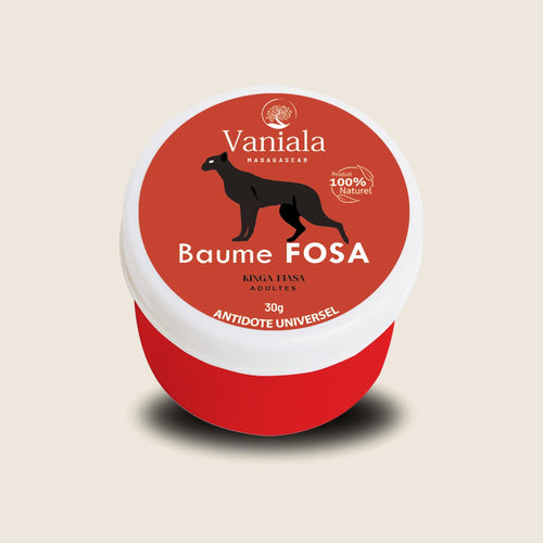 Fosa GM Balm from Madagascar | Vaniala – jar of plant balm on beige background