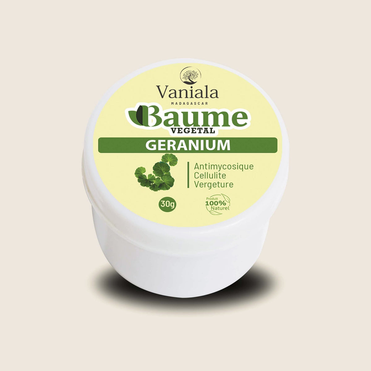 Geranium Balm from Madagascar | Vaniala – jar of plant balm on beige background