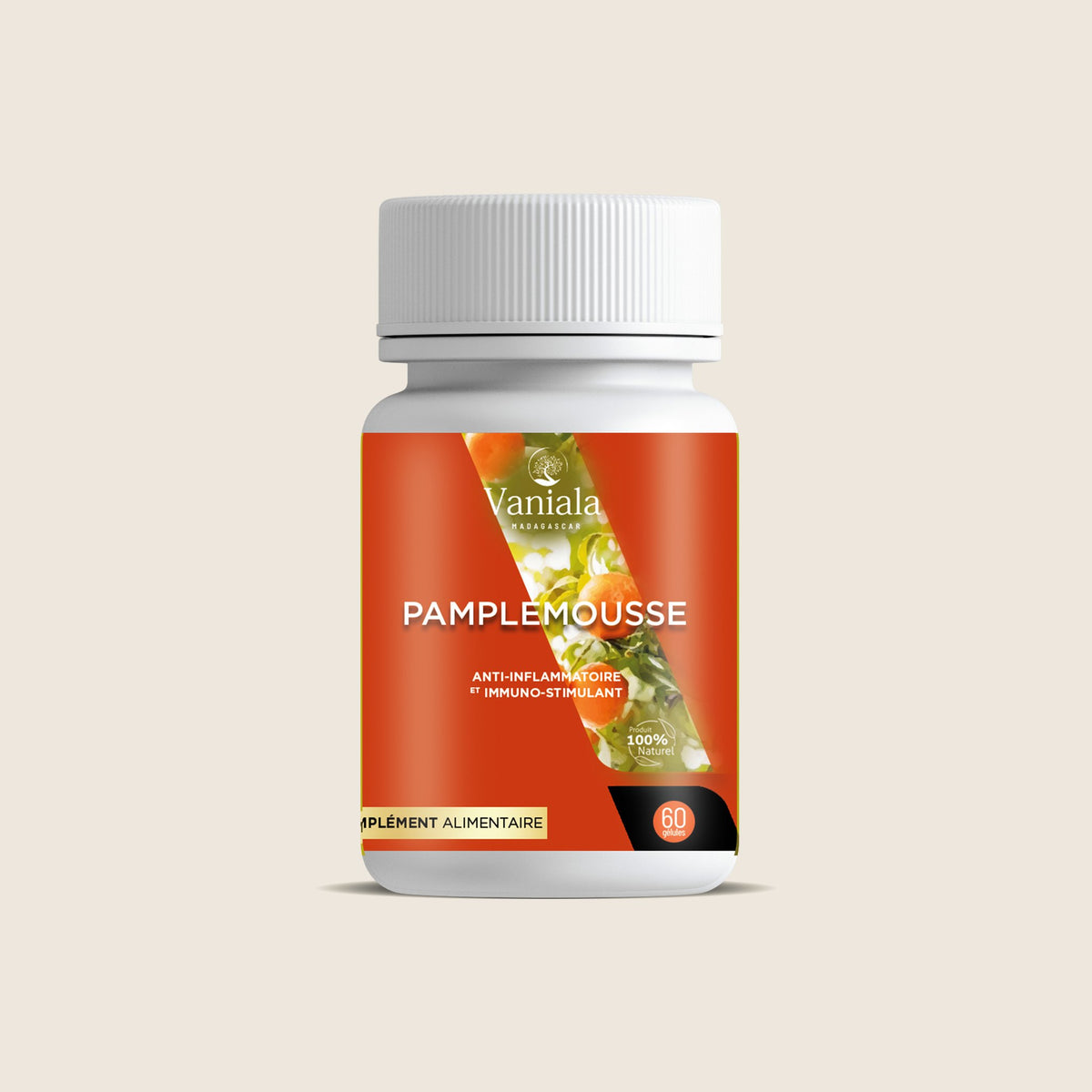 Grapefruit Capsules from Madagascar | Vaniala – bottle of capsules on beige background