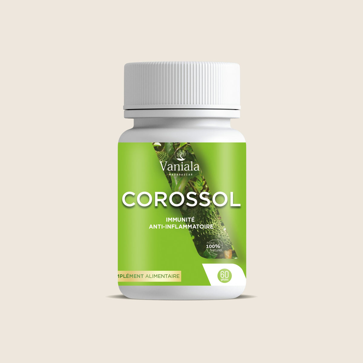 Graviola Capsules from Madagascar | Vaniala – bottle of capsules on beige background