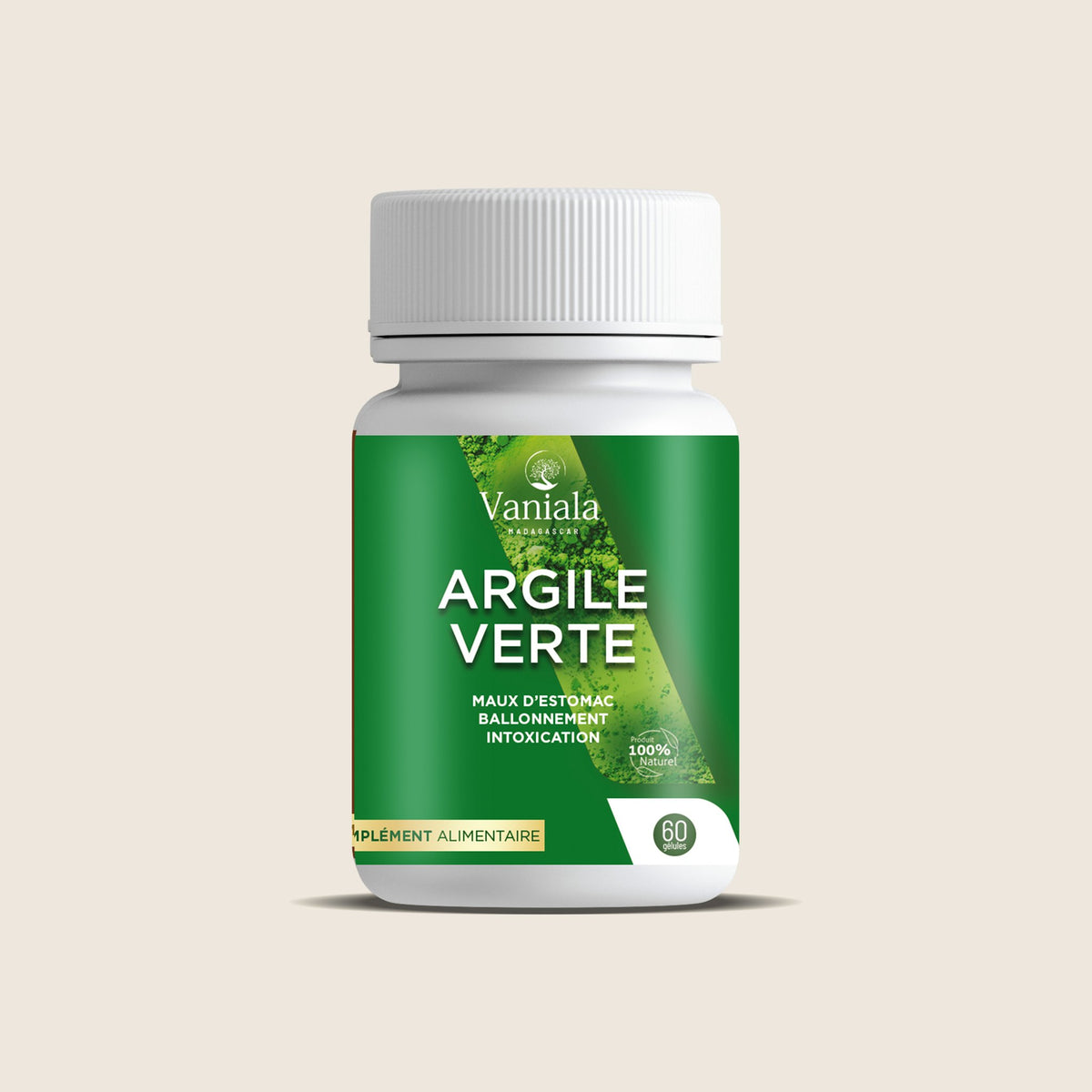 Green Clay Capsules from Madagascar | Vaniala – bottle of capsules on beige background