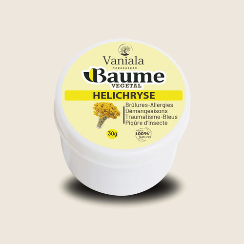 Helichrysum Balm from Madagascar | Vaniala – jar of plant balm on beige background