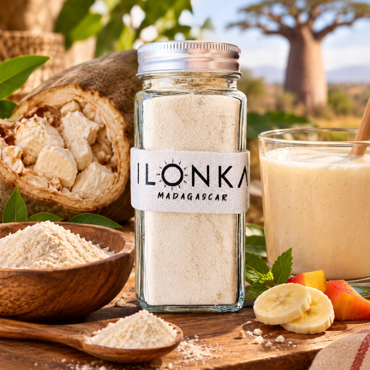 Baobab Fruit Powder from Madagascar | Ilonka – glass jar with baobab fruit pulp and a smoothie