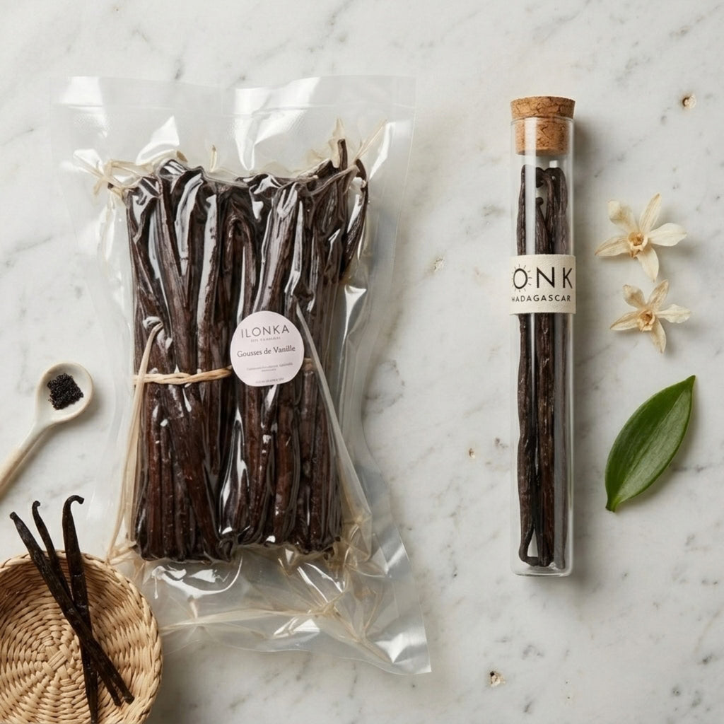 Bourbon Vanilla Beans from Madagascar | Ilonka – 1 kg vacuum pack and 10-bean glass tube together