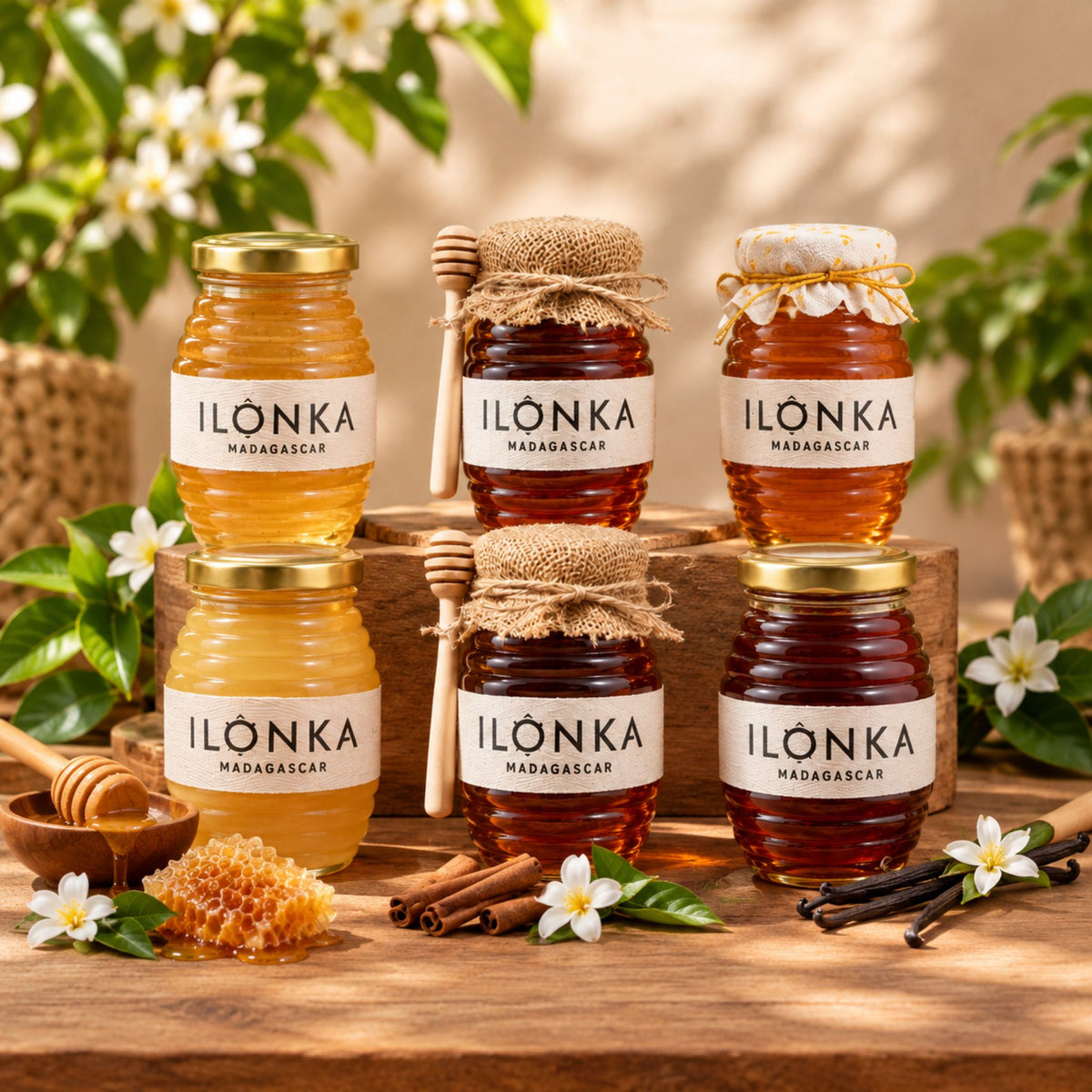 Eucalyptus Honey from Madagascar | Ilonka – Ilonka honey range with flowers on a wooden table