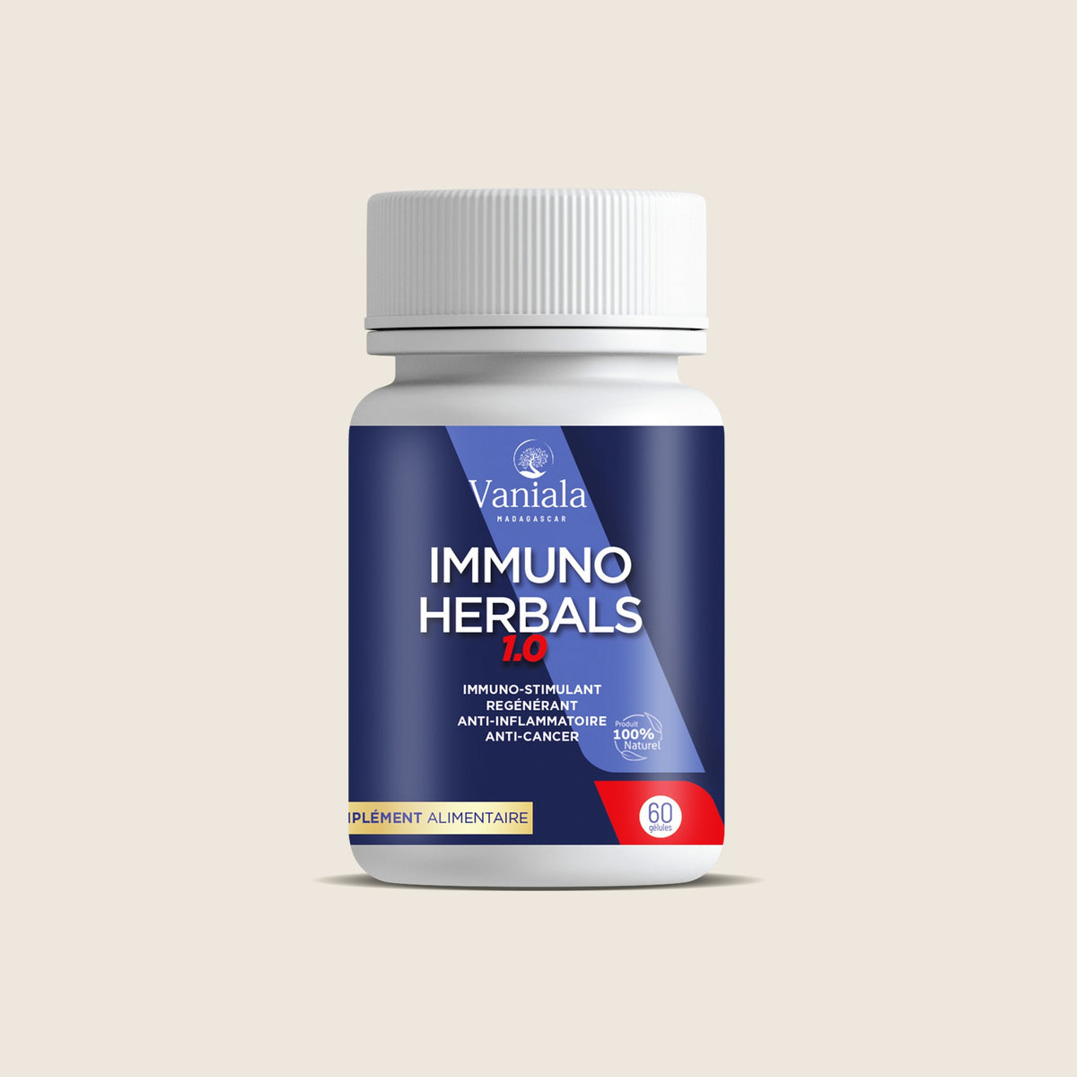 Immuno 1.0 Capsules from Madagascar | Vaniala – bottle of capsules on beige background