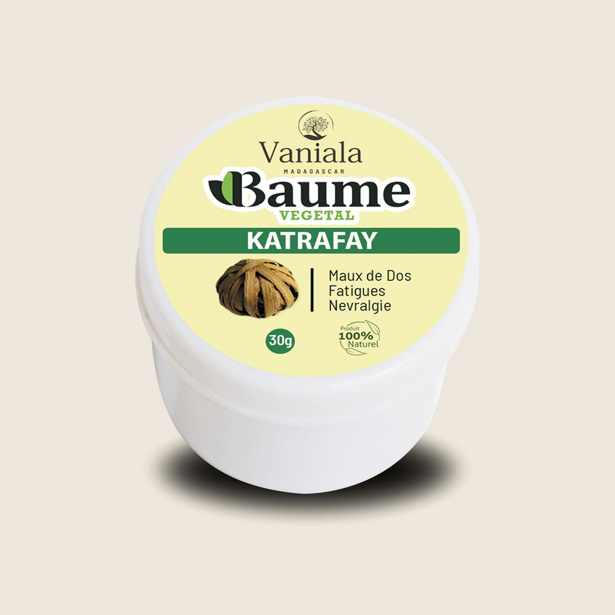Katrafay Balm from Madagascar | Vaniala – jar of plant balm on beige background