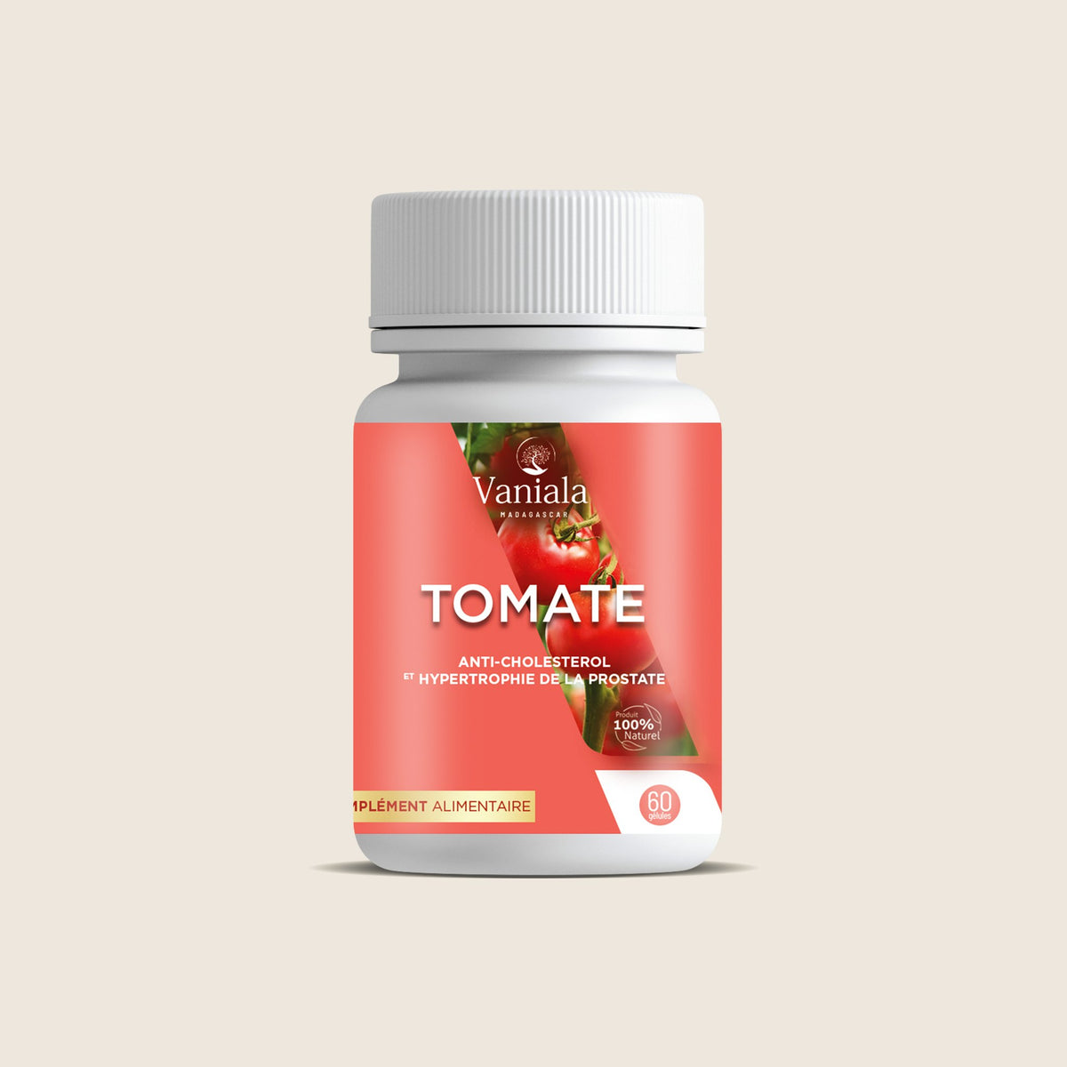 Lycopene Capsules from Madagascar | Vaniala – bottle of capsules on beige background