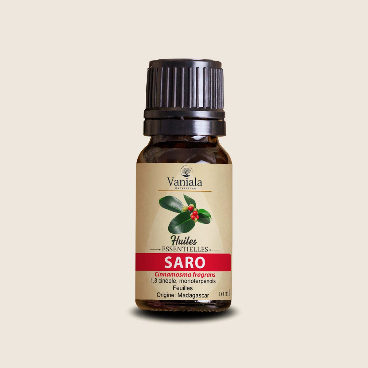 Saro Essential Oil from Madagascar | Vaniala – essential oil bottle on beige background