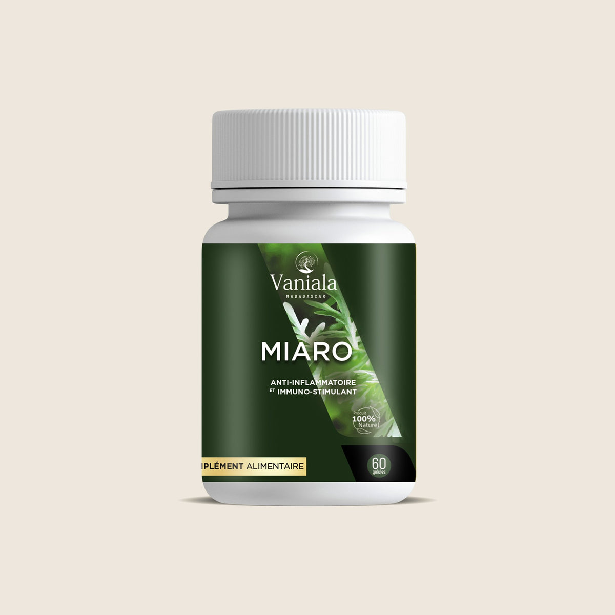 Miaro Capsules from Madagascar | Vaniala – bottle of capsules on beige background