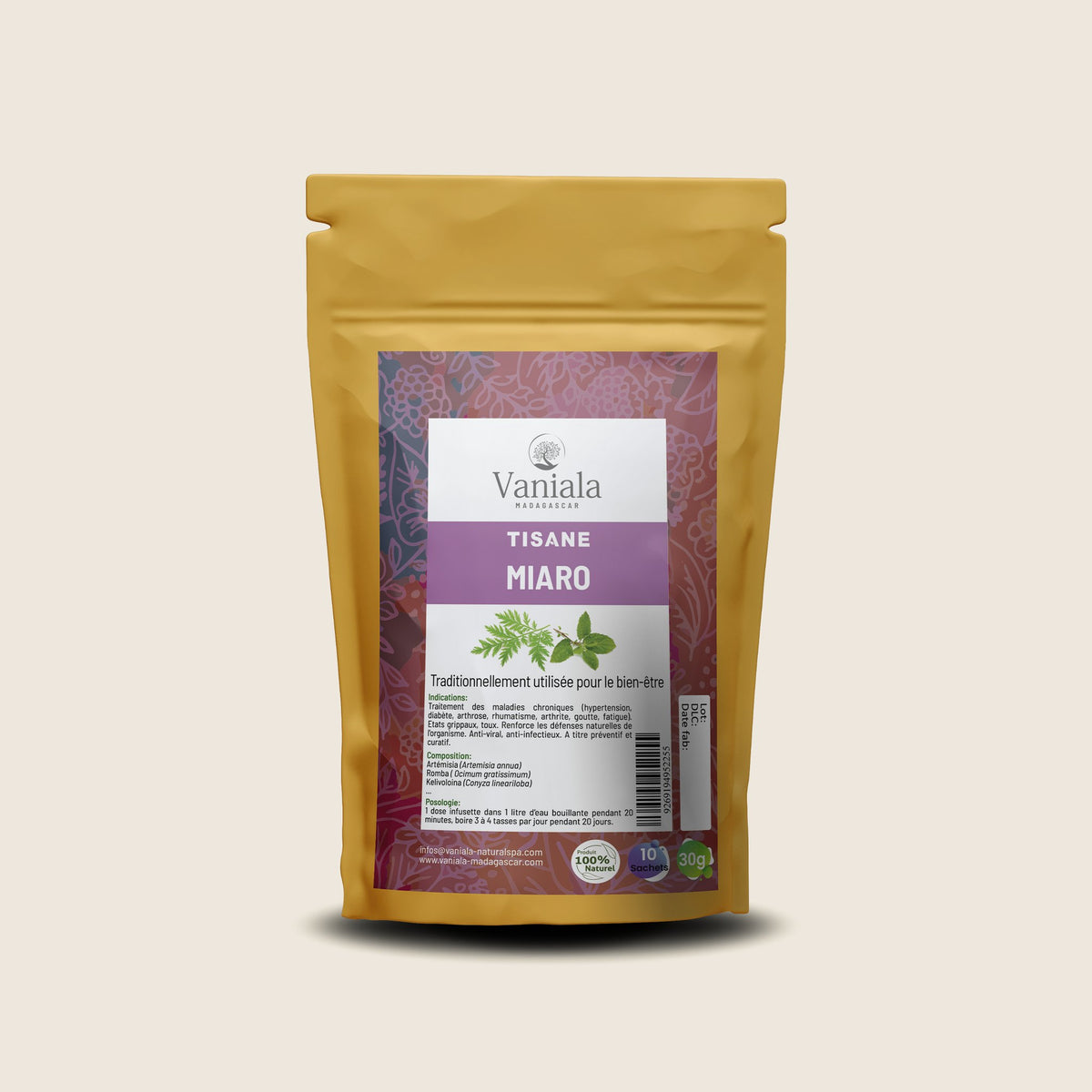 Miaro Herbal Tea from Madagascar | Vaniala – herbal tea pouch on beige background