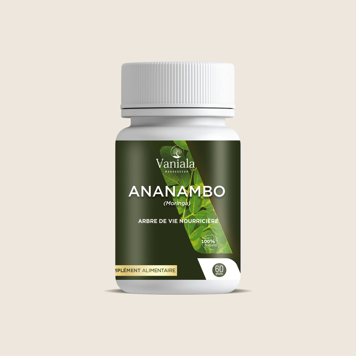Moringa Capsules from Madagascar | Vaniala – bottle of capsules on beige background