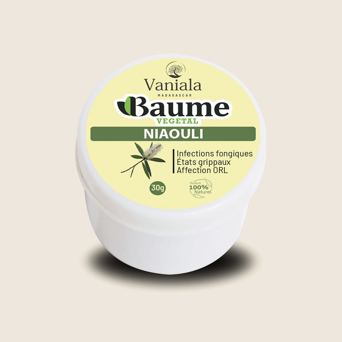 Niaouli Balm from Madagascar | Vaniala – jar of plant balm on beige background