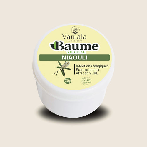 Niaouli Balm from Madagascar | Vaniala – jar of plant balm on beige background