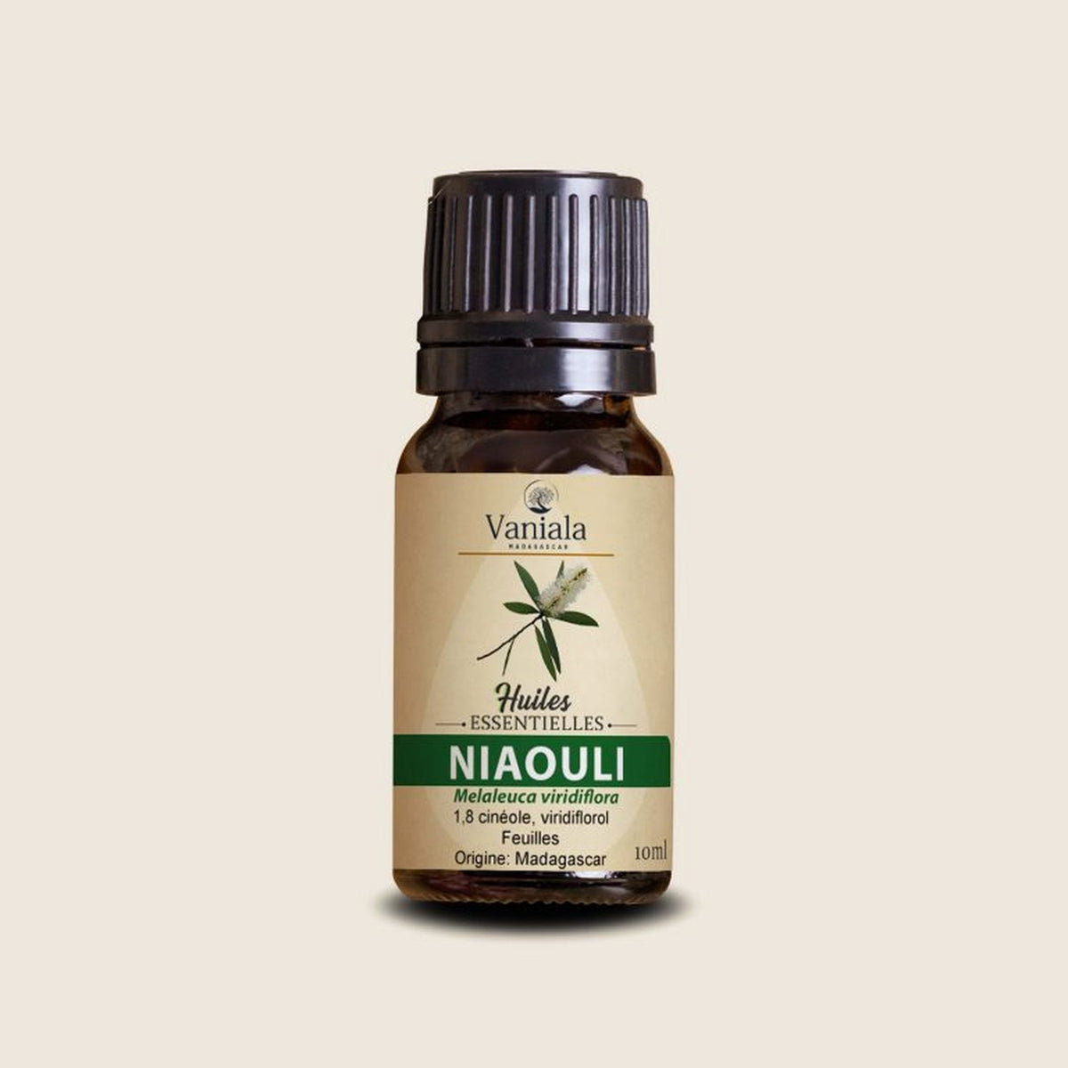 Niaouli Essential Oil from Madagascar | Vaniala – essential oil bottle on beige background