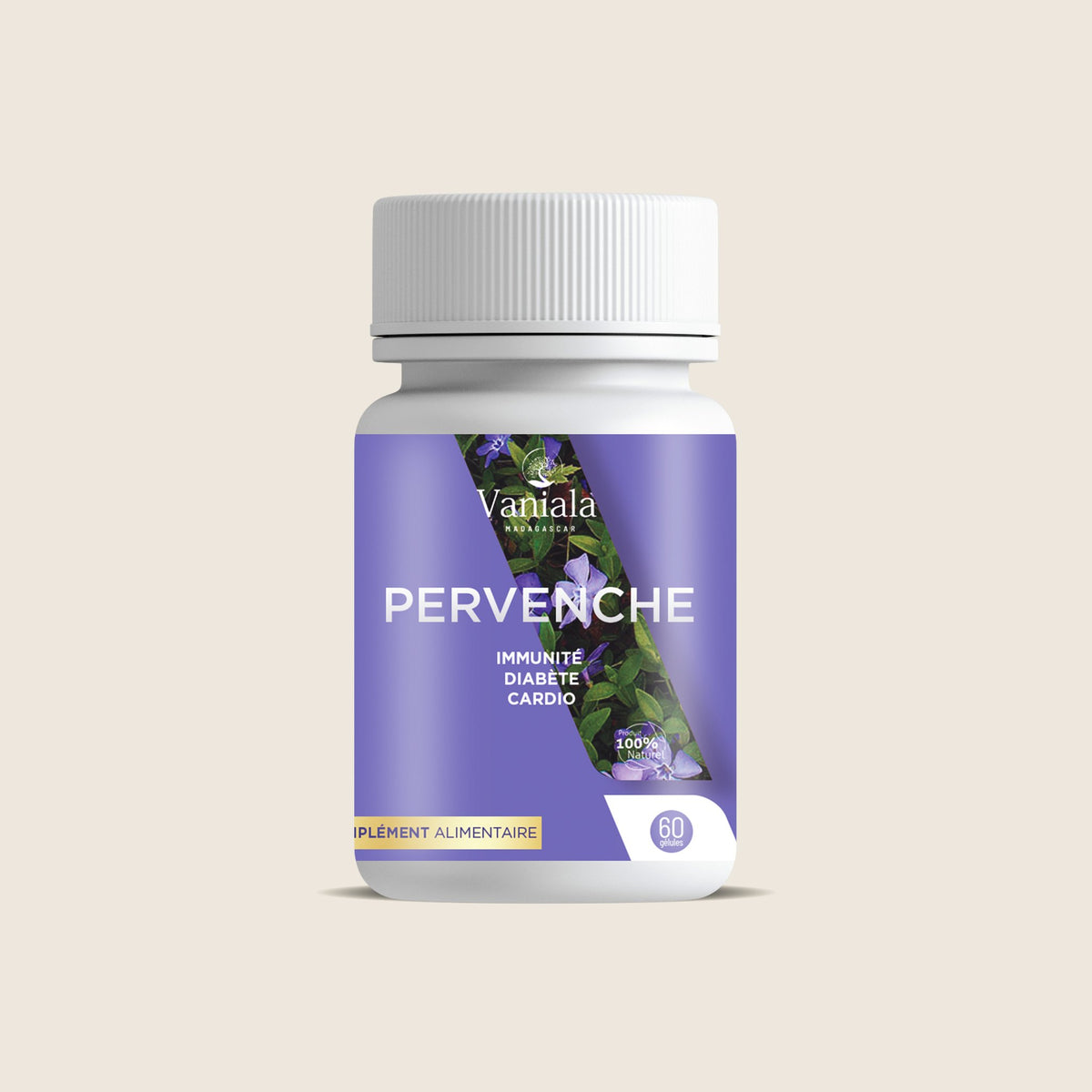 Periwinkle Capsules from Madagascar | Vaniala – bottle of capsules on beige background