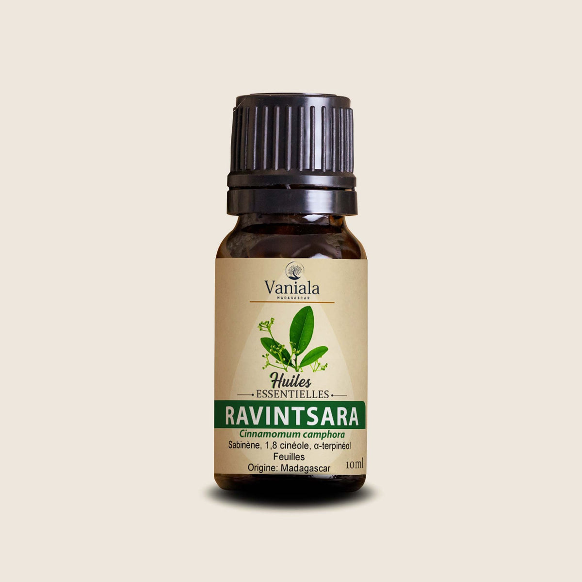 Ravintsara Essential Oil from Madagascar | Vaniala – essential oil bottle on beige background