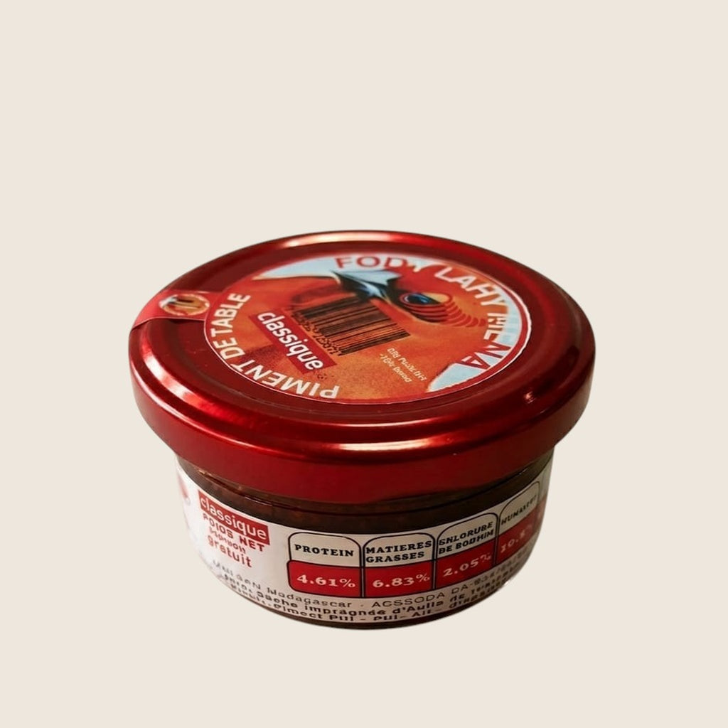 Classic Chili from Madagascar | Sakay Fody Lahy Mena – jar of classic table chili on beige background