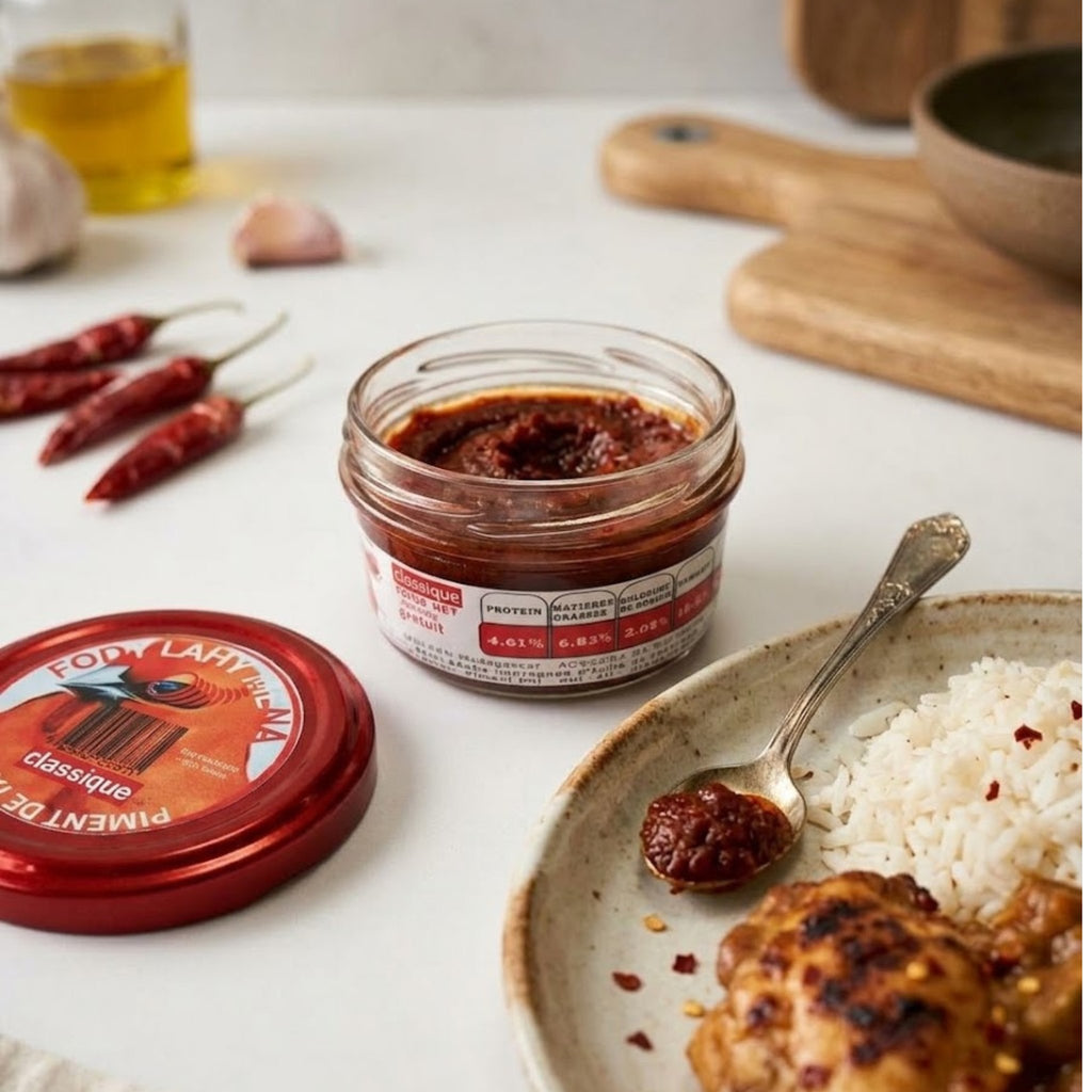 Classic Chili from Madagascar | Sakay Fody Lahy Mena – open jar of table chili with rice, grilled chicken and dried chilies