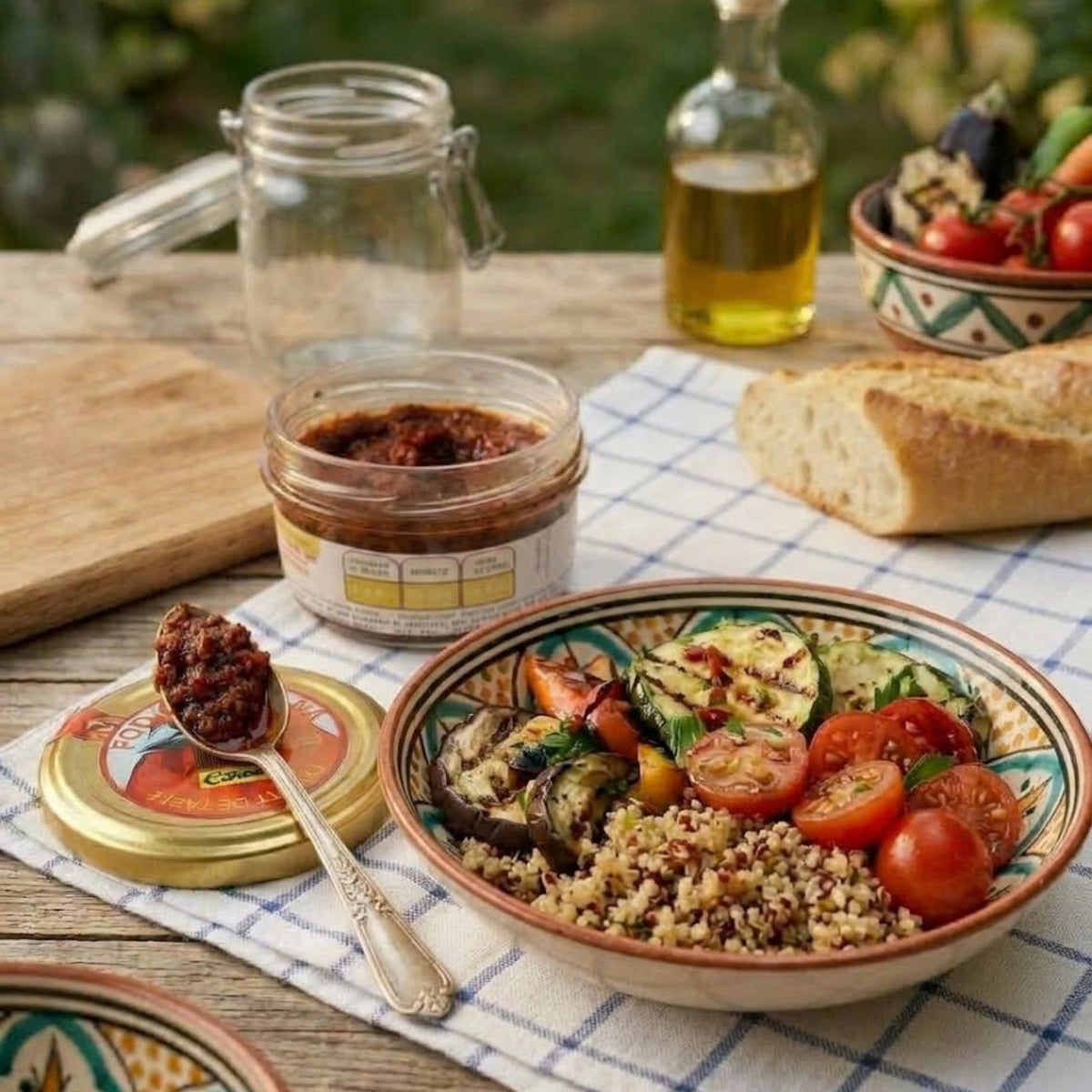 Lemon Chili from Madagascar | Sakay Fody Lahy Mena – open jar of lemon table chili with a grilled vegetable bowl