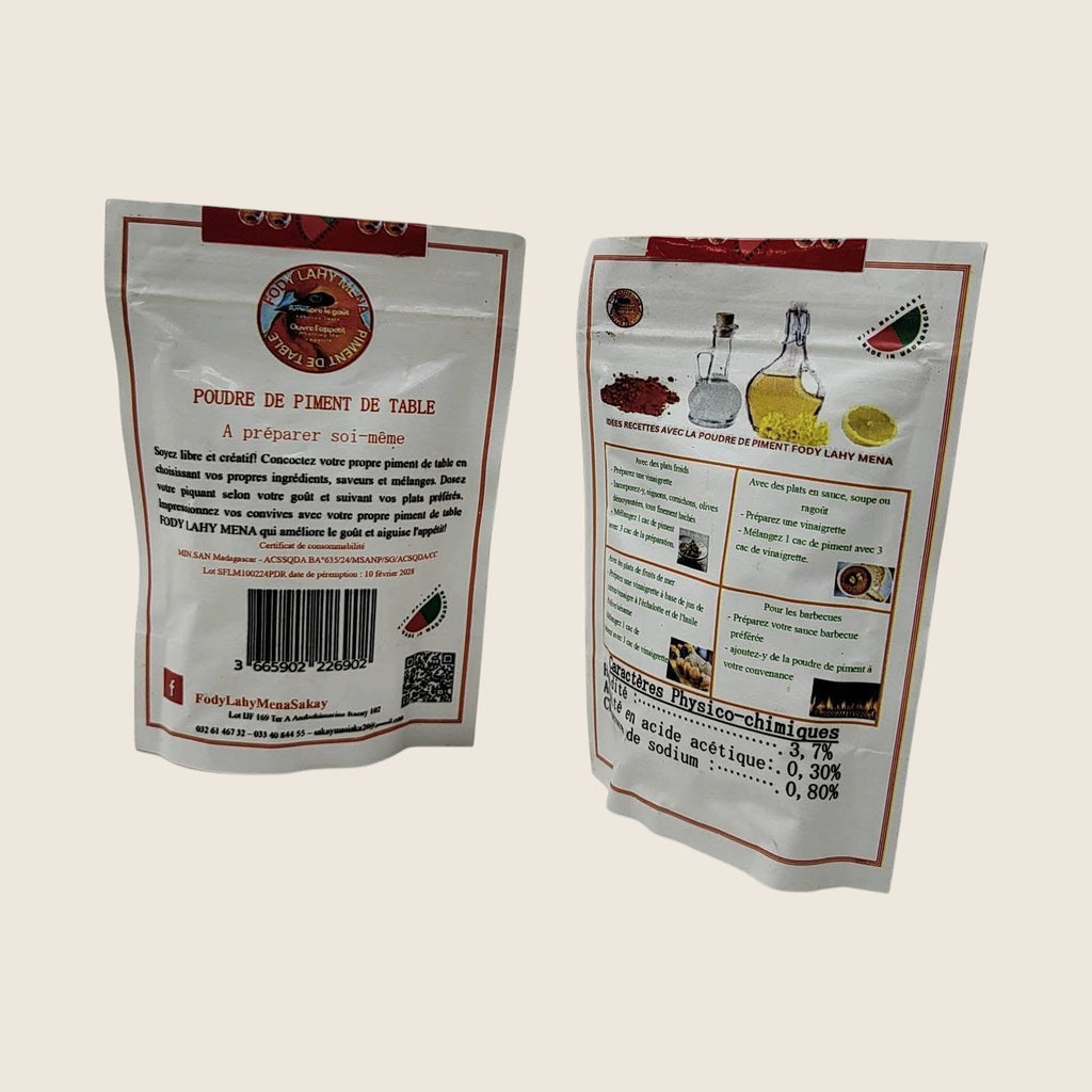 Chili Powder from Madagascar | Sakay Fody Lahy Mena – front and back of the table chili powder pouch
