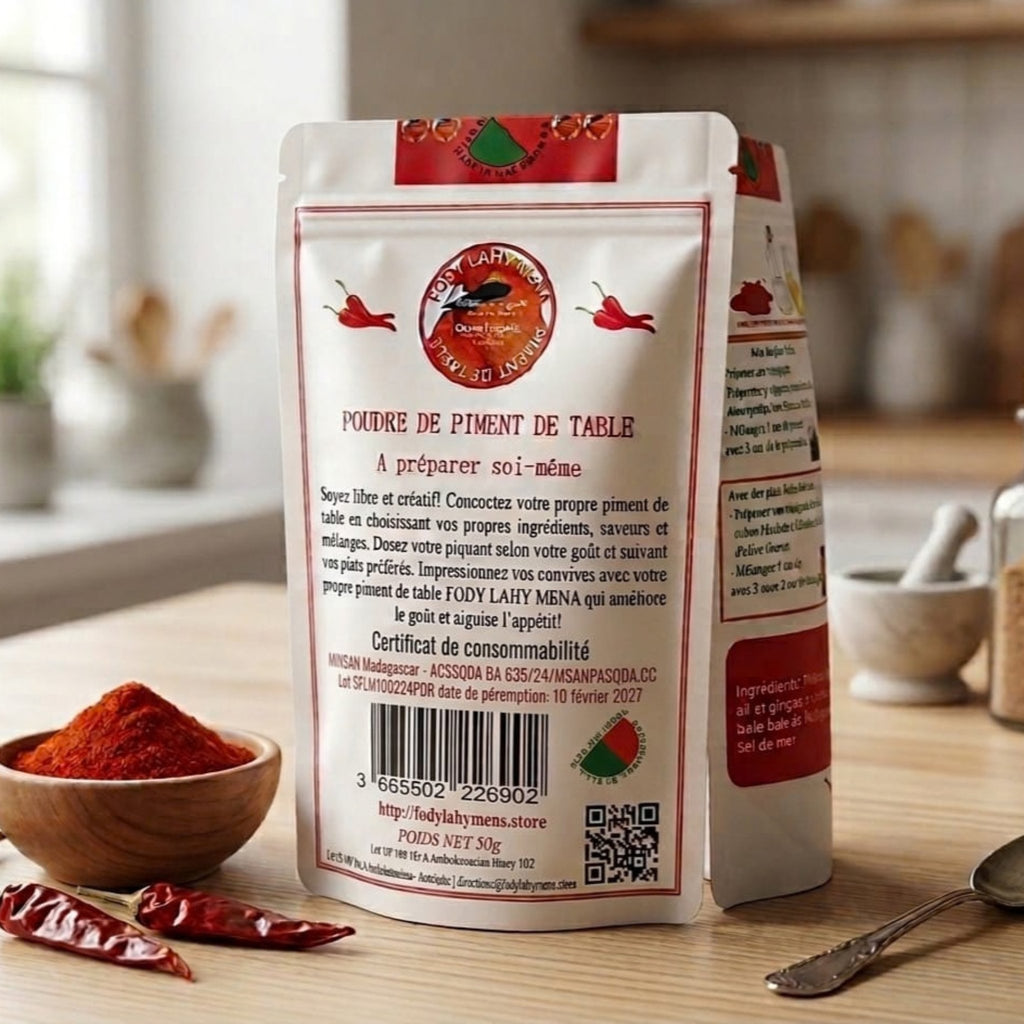 Chili Powder from Madagascar | Sakay Fody Lahy Mena – pouch of chili powder with bowls of chili and dried red chilies