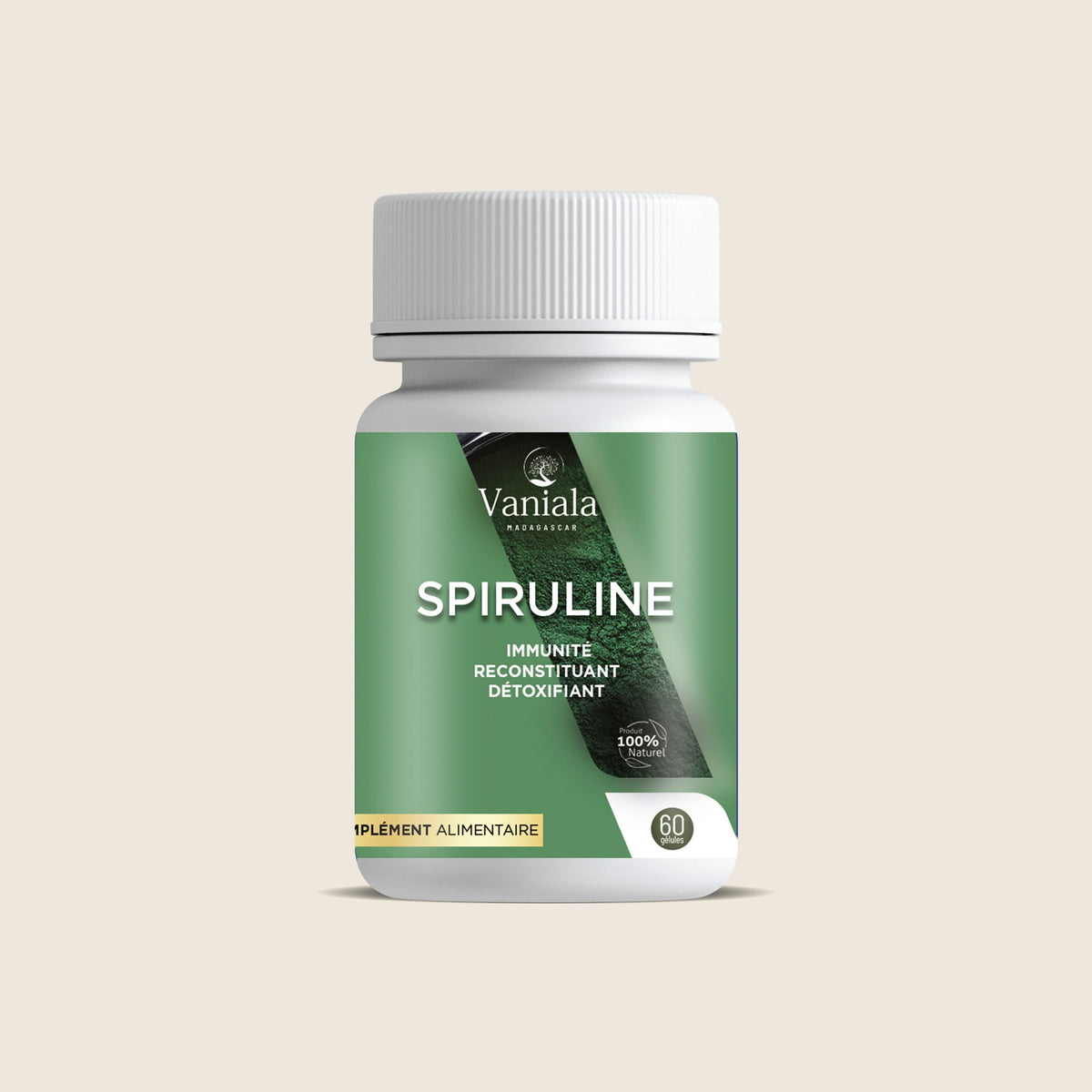Spirulina Capsules from Madagascar | Vaniala – bottle of capsules on beige background