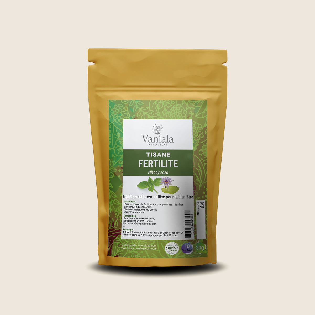 Fertility Comfort Tea from Madagascar | Vanitea – herbal tea pouch on beige background